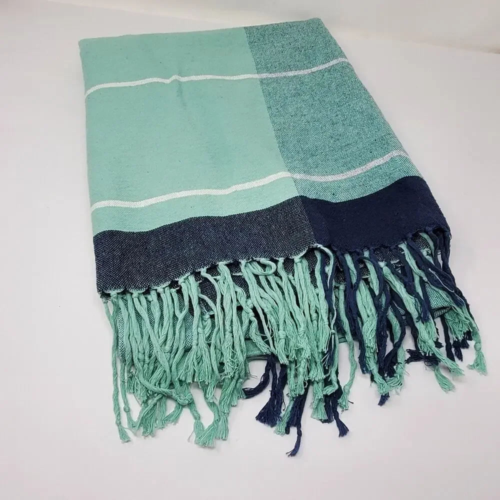West Elm Multicolor Green Fringed 100% Cotton Throw Blanket Excellent condition